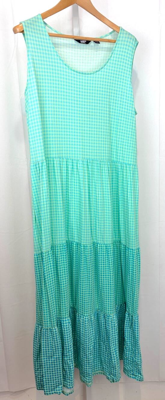LANDS' END Sleeveless Tiered Maxi Dress Gingham Check Green Blue 16W 18W 1X Plus